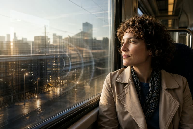 A passenger watches the city from a morning train as reflections evoke the sounds of the city at night.